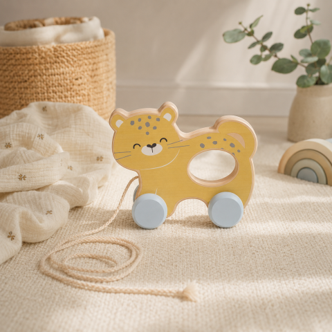 Jucărie de Tras Pull Along Ghepard Saro Baby – Lemn FSC, Funie Bumbac | Primii Pași 12M+ [1]