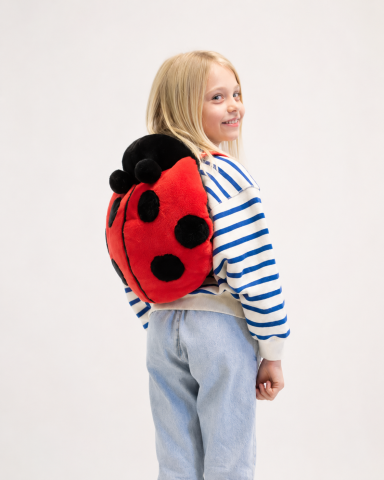 Rucsacuri - Rucsac Copii Buburuză Wild & Wild – Pluș Premium Roșu cu Buline Negre, Handmade Belgia, Bretele Reglabile | 3 Ani+, Grădiniță și Excursii
