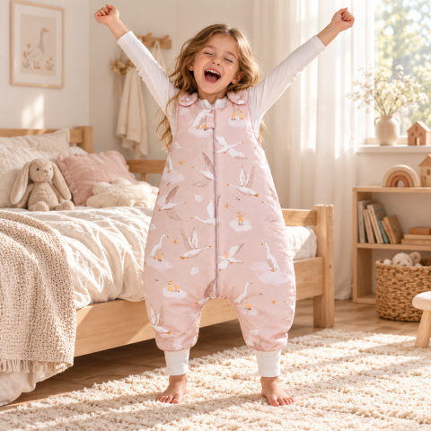 Sistem infasat si sac de dormit - Sac de dormit cu picioare Amy Gâștele Călătoare, bumbac, 2.5 TOG, mărimea L (104-110cm), 78x54cm – cu șosete integrate