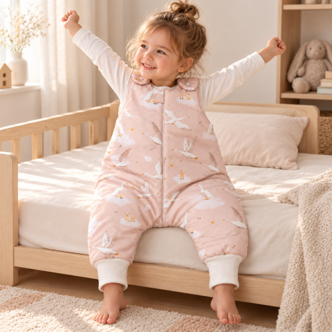 Sistem infasat si sac de dormit - Sac de dormit cu picioare Amy Gâștele Călătoare, bumbac, 2.5 TOG, mărimea M (92-98cm), 68x52cm – cu șosete integrate