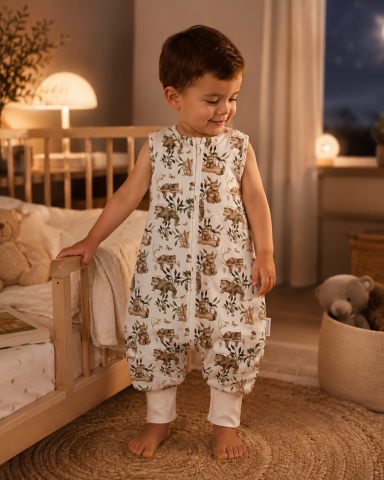 Sistem infasat si sac de dormit - Sac de Dormit cu Picioare BabySteps „Happy Bear" – 100% Bumbac Premium Light, 1 TOG, OEKO-TEX® | Mărimea S 86/92/98, 12-36 Luni