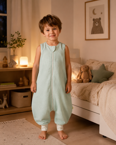 Sistem infasat si sac de dormit - Sac de Dormit cu Picioare BabySteps „Mint" – Muselină Bumbac 100%, 0.5 TOG, OEKO-TEX® | Mărimea M, 3 Ani+