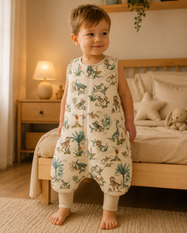Sistem infasat si sac de dormit - Sac de Dormit cu Picioare BabySteps „World of Dinosaurs" – 100% Bumbac Premium, 1 TOG, OEKO-TEX® | Mărimea S 86/92/98, 12-36 Luni