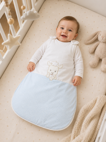 Sistem infasat si sac de dormit - Sac de dormit fără mâneci, broderie Oița Blue, 86 cm, 6-12 luni – Amy