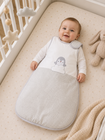 Sistem infasat si sac de dormit - Sac de dormit fără mâneci, broderie Pinguin, bumbac gri, 80 cm, 3-9 luni – Amy