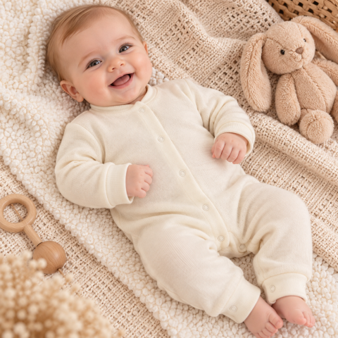 Imbracaminte - Salopetă bebeluși din lână merinos – crem | Moale, naturală și termoreglatoare, 62