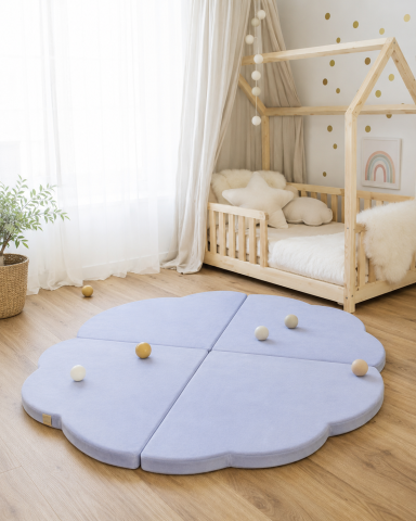 Saltele pentru joaca - Saltea din Spumă MeowBaby Formă de Nor 160x160cm Baby Blue – Spațiu de Joacă Multifuncțional, Pliabilă, Velur OEKO-TEX | 0-8 ani