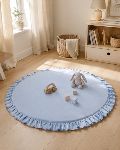 Oferte limitate - Saltea Rotundă din Spumă MeowBaby cu Volănaș 100cm Baby Blue – Velur OEKO-TEX, Bază Piscină cu Bile, Covoraș Joacă Bebeluși