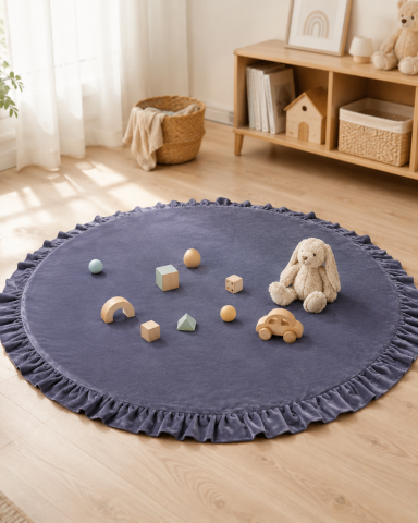 Saltele pentru joaca - Saltea Rotundă din Spumă MeowBaby cu Volănaș 100cm Gray Blue – Velur OEKO-TEX, Bază Piscină cu Bile, Covoraș Joacă Bebeluși