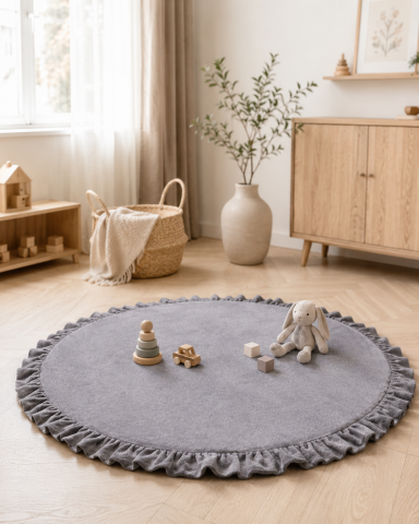 Saltele pentru joaca - Saltea Rotundă din Spumă MeowBaby cu Volănaș 100cm Gri – Velur OEKO-TEX, Bază Piscină cu Bile, Covoraș Joacă Bebeluși
