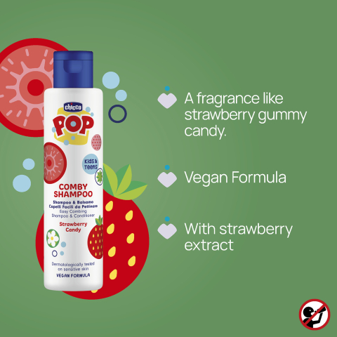 Sampon si balsam de par 2 in 1 Chicco POP cu aroma de bomboane cu capsuni, formula vegana, pentru copii si adolescenti 250 ml [5]