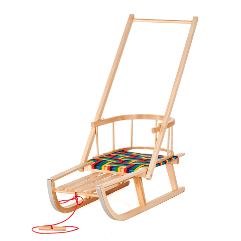 Sănii - Sanie Ultimate Plus din lemn cu spătar, șezut textil și împingător – model premium pentru copii | Sanie fag cu mâner și cablu de tras