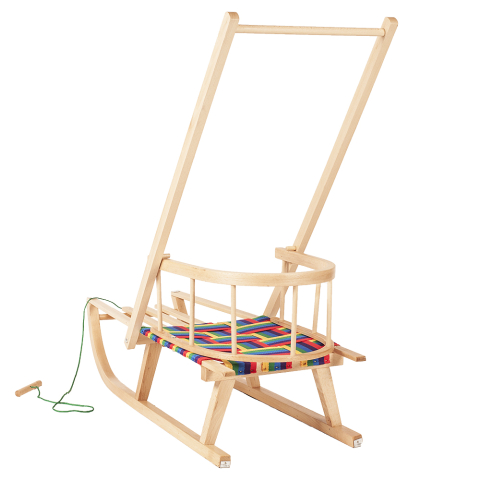 Sanie Ultimate Plus din lemn cu spătar, șezut textil și împingător – model premium pentru copii | Sanie fag cu mâner și cablu de tras [2]