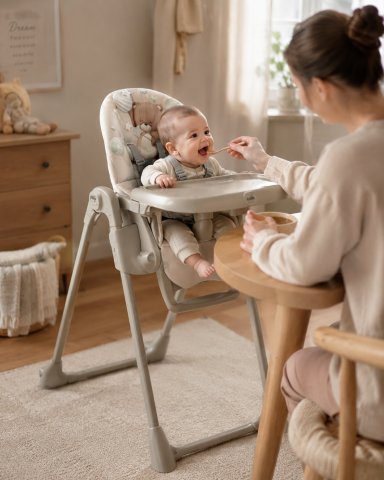 Bebe la masa - Scaun de Masă Multifuncțional CAM® Pappananna Bej, cu Ursuleț – Șezlong și Scaun de Masă, de la Naștere la 3 Ani | Reglabil
