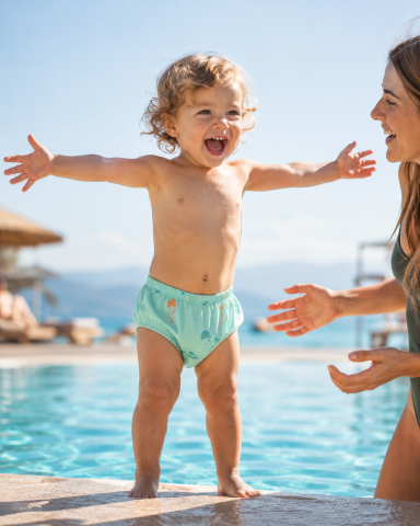 Articole plajă, piscina premium - Scutec de Înot Refolosibil cu Protecție UV UPF 50+ Jellyfish Mint – Impermeabil, Anti-Scurgere, Print Meduze | 24-36 Luni (92 cm)