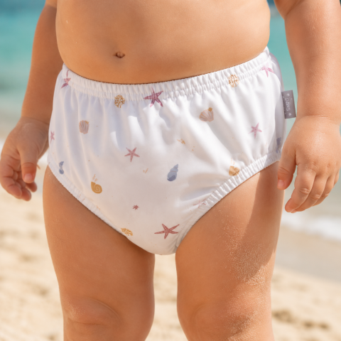 Costum de baie - Scutec de Înot Refolosibil cu Protecție UV UPF 50+ Sea Wonders – Impermeabil, Anti-Scurgere, Print Scoici și Stele de Mare | 12-18 Luni (80 cm)