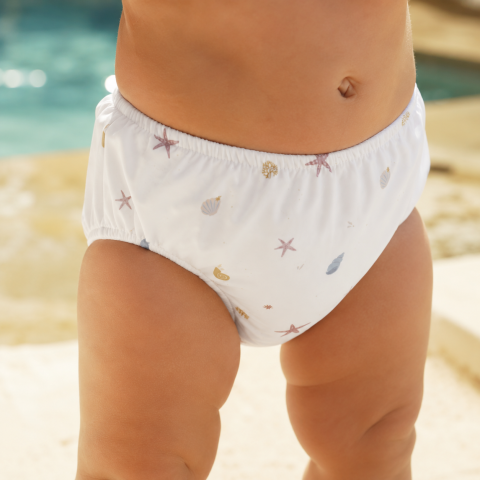 Costum de baie - Scutec de Înot Refolosibil cu Protecție UV UPF 50+ Sea Wonders – Impermeabil, Anti-Scurgere, Print Scoici și Stele de Mare | 6-12 Luni (72 cm)