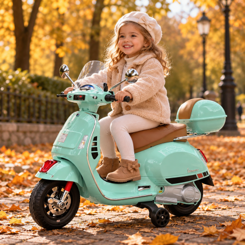 Scuter Electric pentru Copii Vespa GTS 12V Verde Mint – Licență Oficială Piaggio, cu Parbriz și Portbagaj Incluse | 3 Ani+, Max. 30 kg