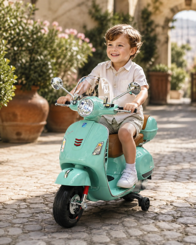 Scuter Electric pentru Copii Vespa GTS 12V Verde Mint – Licență Oficială Piaggio, cu Parbriz și Portbagaj Incluse | 3 Ani+, Max. 30 kg [1]