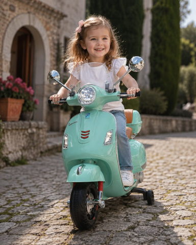 Mașinuțe electrice 12V - Scuter Electric pentru Copii Vespa GTS 12V Verde Mint – Licență Oficială Piaggio, cu Parbriz și Portbagaj Incluse | 3 Ani+, Max. 30 kg