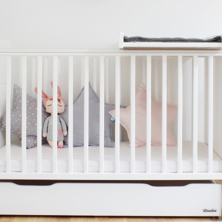 Masa de infasat din lemn, atasabila la patut bebe 120x60 si 140x70 cm, Alb, 86 x 51 x 7 cm, inclus Saltea din spuma, husa detasabila bumbac, Woodies, 40 x 70 cm [9]