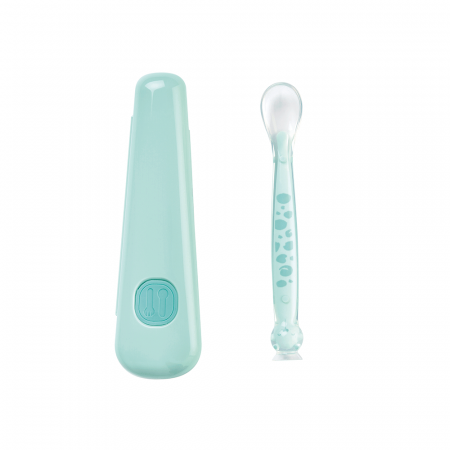 Tacâmuri - Lingurita îngustă din silicon alimentar cu ventuză, in carcasa, perfecta pentru vacanta, “Soft & Fun”, mint