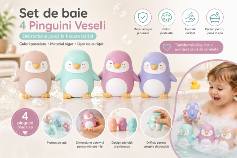Jucarii pentru baie - Set 5 jucării de baie, Penguins Party