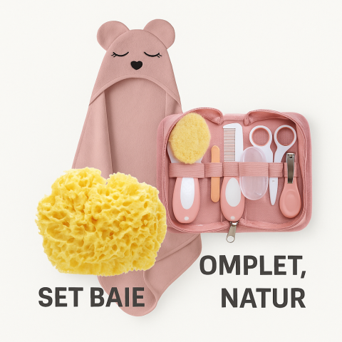 Black Friday - Set Baie Completă – Prosop Teddy Rose Bambus, Burete Natural & Trusă Saro Baby