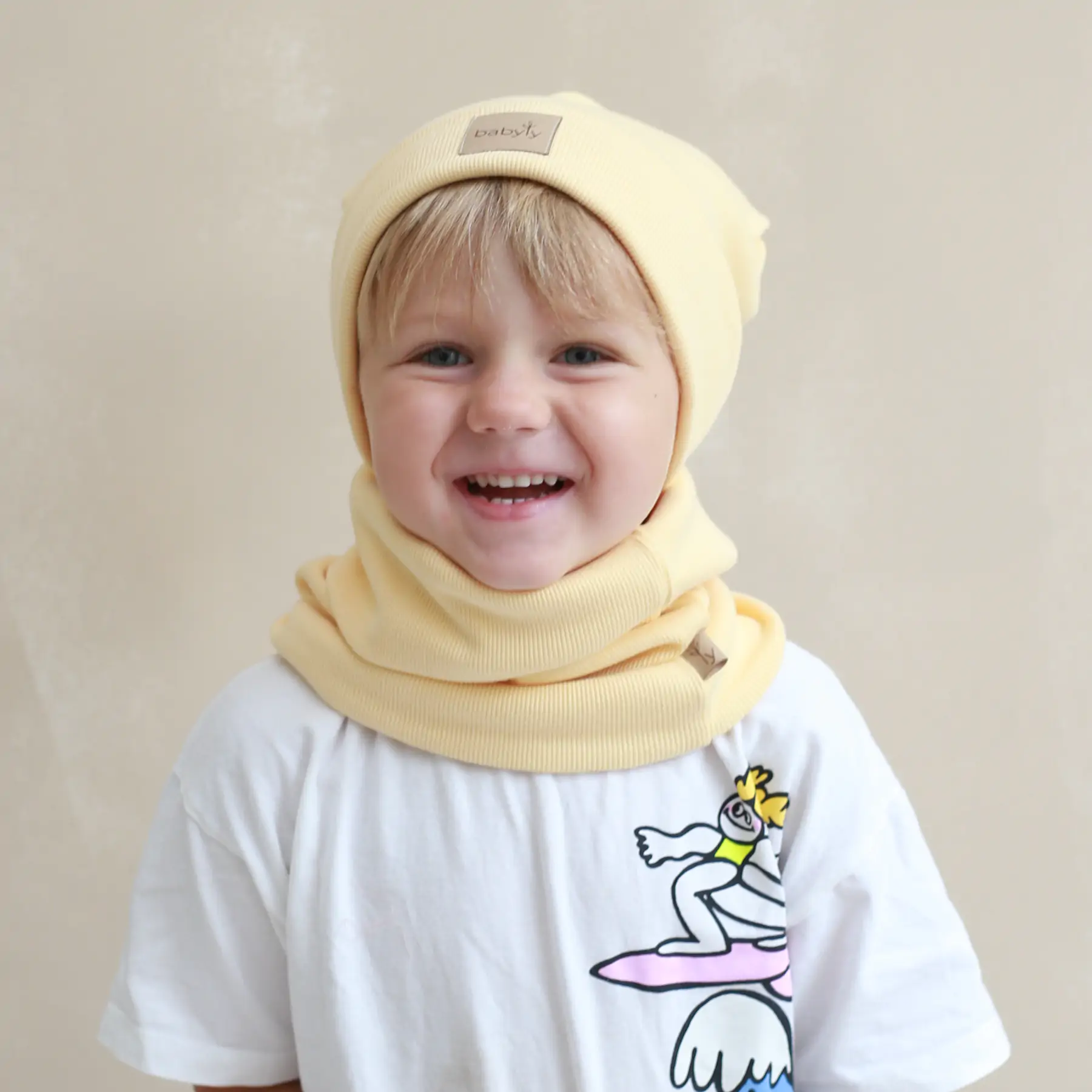 Articole crosetate Handmade - Set căciulă și fular tip guler, galben - Banana, S - 1-3 ani, 46-52 cm by BabyLy