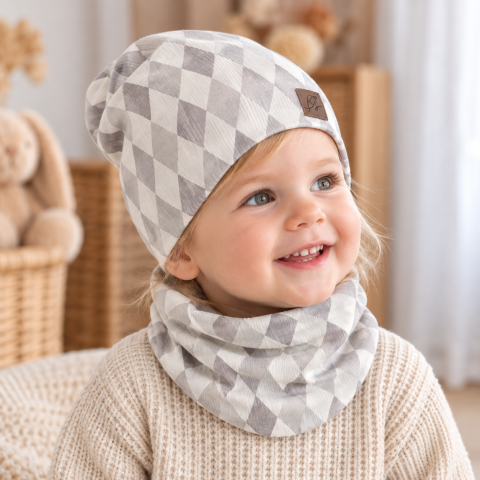 Outlet - Set căciulă și fular tip guler, Diamonds gray, XS - circumferinta capului 36-42 cm by BabySteps