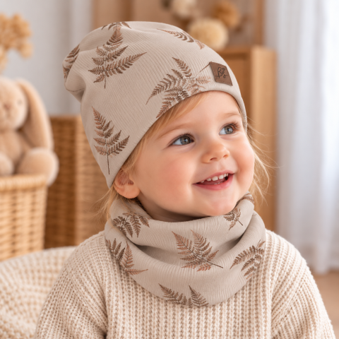 Outlet - Set căciulă și fular tip guler, Frunze, XS - circumferinta capului 36-42 cm by BabySteps