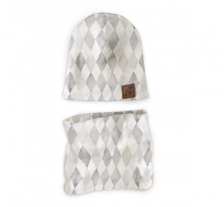 Articole crosetate Handmade - Set căciulă și fular tip guler, Diamonds gray, XS - circumferinta capului 36-42 cm by BabySteps