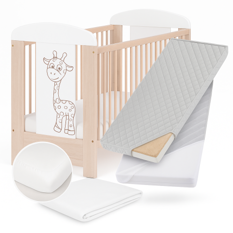 Black Friday - Set complet pentru somnul bebelușului – Pătuț Giraffe Santana + Saltea Cocos-Spumă + Protecție impermeabilă + Cearșaf bumbac 120×60 cm