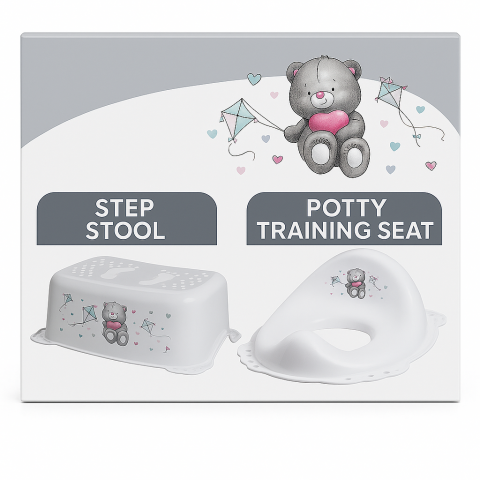 Ingrijire si igiena - ✨ Set complet Reductor Toaletă  + Înălțător Baie Antiderapant, Bear Alb – Maltex Baby