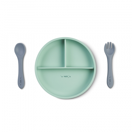 Set diversificare bebeluși, silicon alimentar premium, 4 piese – farfurie sectionata, linguriță, furculita, cană –  “Food & Fun” Mint [1]