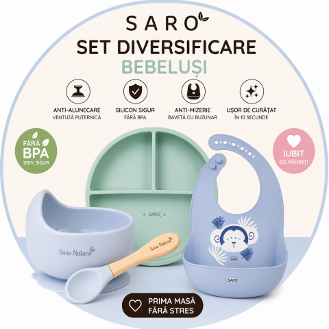 Bebe la masa - Set diversificare bebeluși Saro – farfurie silicon + bol cu ventuză + bavetă | Anti-mizerie, sigur, ușor de curățat