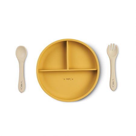 Set diversificare bebeluși, silicon alimentar premium, 4 piese – farfurie sectionata, linguriță, furculita, cană –  “Food & Fun” Mustard [1]