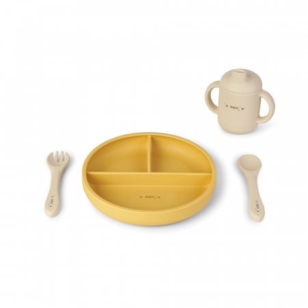 Set hranire - Set diversificare bebeluși, silicon alimentar premium, 4 piese – farfurie sectionata, linguriță, furculita, cană –  “Food & Fun” Mustard
