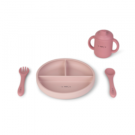 Set hranire - Set diversificare bebeluși, silicon alimentar premium, 4 piese – farfurie sectionata, linguriță, furculita, cană –  “Food & Fun” Pink