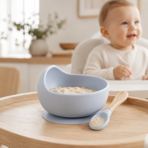 Bebe la masa - Set Hrănire Saro „Nordic Wave" Babyblue – Bol Silicon 250ml cu Ventuză + Lingură Silicon și Lemn de Fag | BLW 6M+