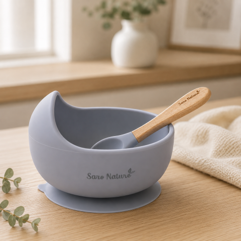 Set hranire - Set Hrănire Saro „Nordic Wave" Blue Mist – Bol Silicon 250ml cu Ventuză + Lingură Silicon și Lemn de Fag | BLW 6M+
