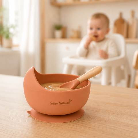 Bebe la masa - Set Hrănire Saro „Nordic Wave" Copper – Bol Silicon 250ml cu Ventuză + Lingură Silicon și Lemn de Fag | BLW 6M+