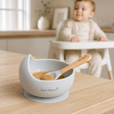 Set hranire - Set Hrănire Saro „Nordic Wave" Gri – Bol Silicon 250ml cu Ventuză + Lingură Silicon și Lemn de Fag | BLW 6M+