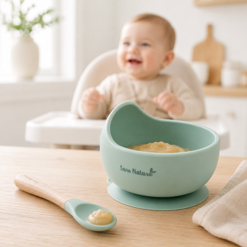 Bebe la masa - Set Hrănire Saro „Nordic Wave" Mint – Bol Silicon 250ml cu Ventuză + Lingură Silicon și Lemn de Fag | BLW 6M+