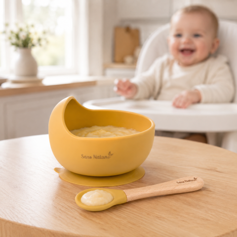 Set hranire - Set Hrănire Saro „Nordic Wave" Mustard – Bol Silicon 250ml cu Ventuză + Lingură Silicon și Lemn de Fag | BLW 6M+