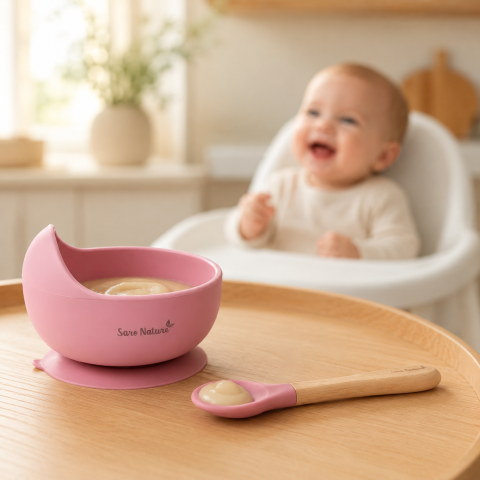 Set hranire - Set Hrănire Saro „Nordic Wave" Rose – Bol Silicon 250ml cu Ventuză + Lingură Silicon și Lemn de Fag | BLW 6M+