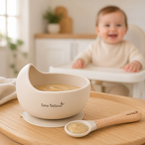 Bebe la masa - Set Hrănire Saro „Nordic Wave" sand – Bol Silicon 250ml cu Ventuză + Lingură Silicon și Lemn de Fag | BLW 6M+