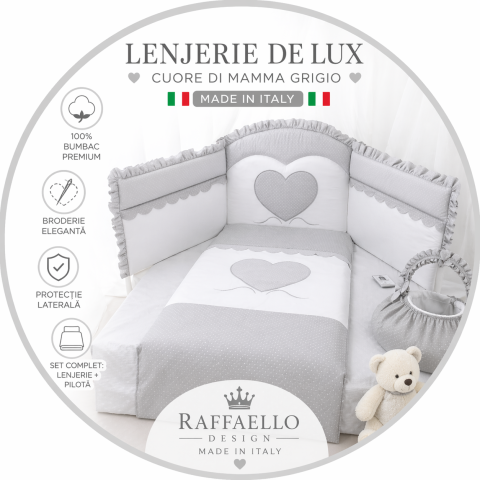 Lenjerii patut lux 127x63cm - Set Lenjerie de lux din bumbac cu broderie, protectie laterala, pilota, pentru pat bebelusi, Cuore di Mamma Gri, Italia