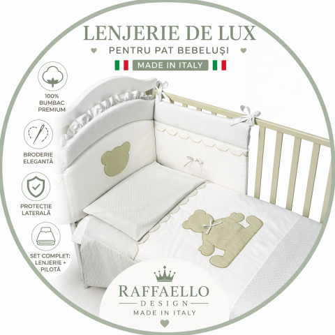 Lenjerii patut lux 127x63cm - Set Lenjerie de lux din bumbac cu broderie, protectie laterala, pilota, pentru pat bebelusi, Theo, Italia