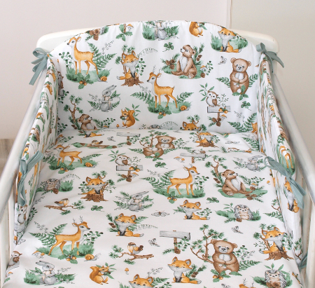 Camera copilului - Set lenjerie din bumbac cu protectie laterala pentru pat bebe 120 x 60 cm, Animalute de padure, Amy
